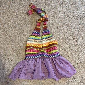 Colorful Halter Top with Purple Lace Hem